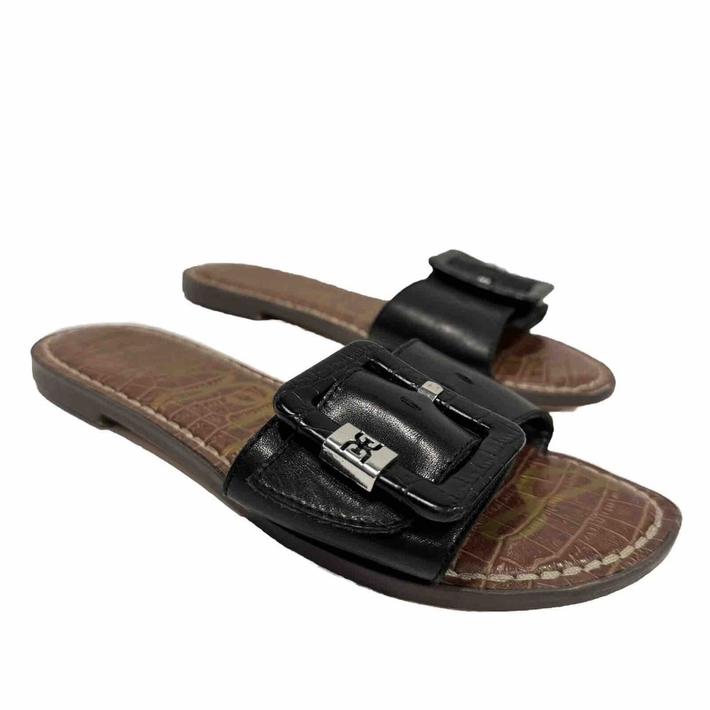 Sam Edelman Granada Slide Sandals Black Leather Croc Print Logo Buckle Women's 6
